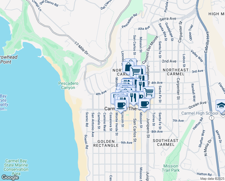 map of restaurants, bars, coffee shops, grocery stores, and more near 3 Casanova Street in Carmel-by-the-Sea