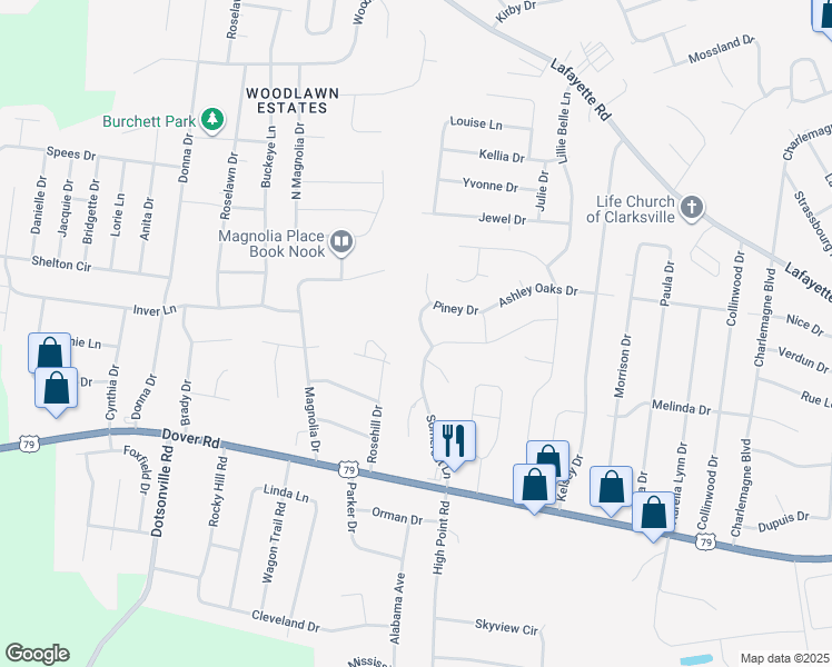 map of restaurants, bars, coffee shops, grocery stores, and more near 586 Colby Cove in Clarksville