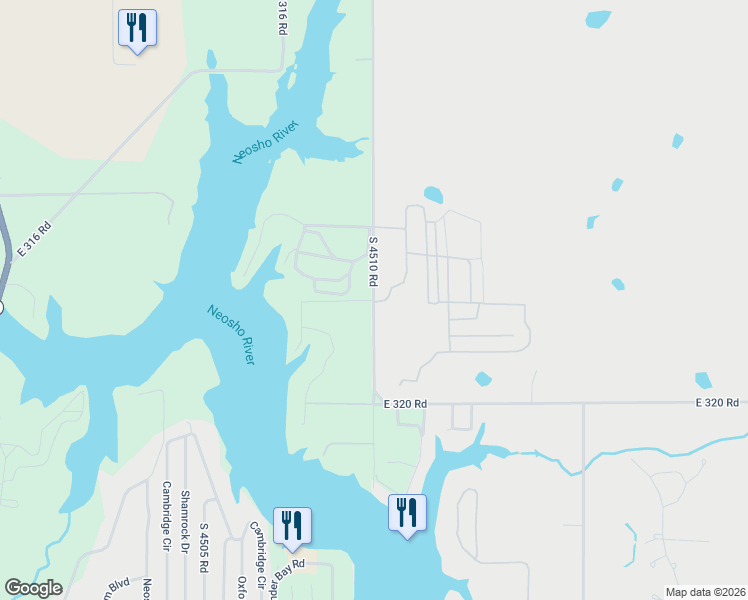 map of restaurants, bars, coffee shops, grocery stores, and more near 31694 South 4510 Road in Cleora