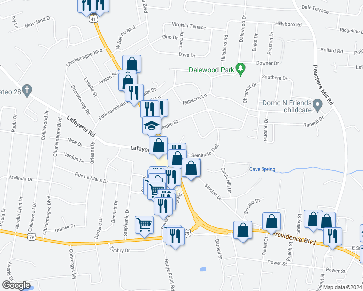 map of restaurants, bars, coffee shops, grocery stores, and more near 63 Seminole Trail in Clarksville