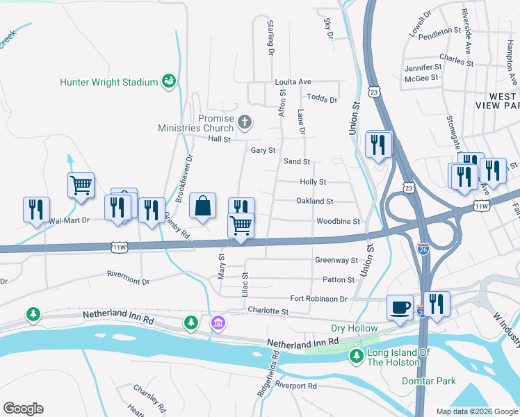map of restaurants, bars, coffee shops, grocery stores, and more near 612 Afton Street in Kingsport