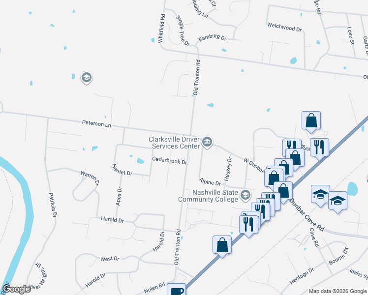 map of restaurants, bars, coffee shops, grocery stores, and more near 302 Peterson Lane in Clarksville