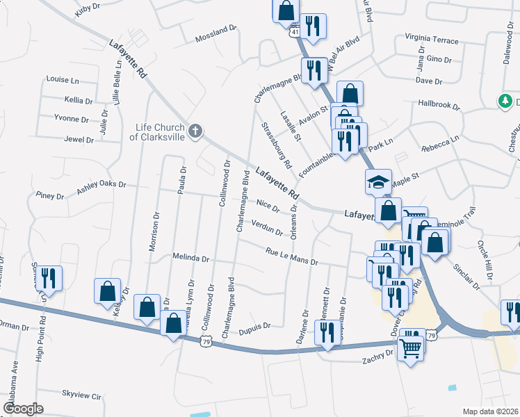 map of restaurants, bars, coffee shops, grocery stores, and more near 311 Nice Drive in Clarksville