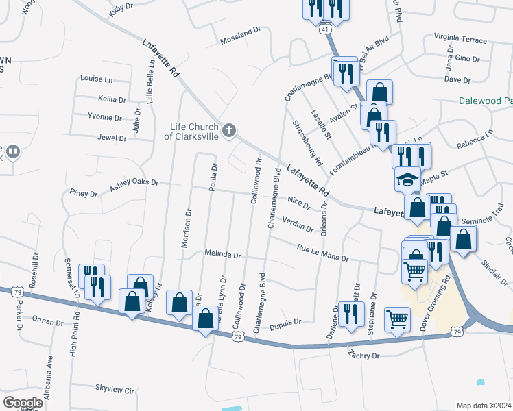 map of restaurants, bars, coffee shops, grocery stores, and more near 5041 Collinwood Drive in Clarksville
