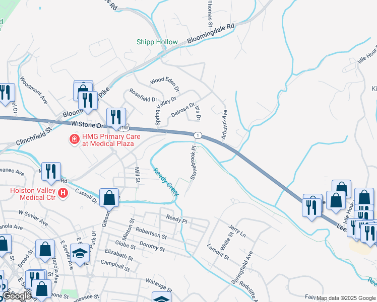 map of restaurants, bars, coffee shops, grocery stores, and more near 2000 Stonebrook Place in Kingsport