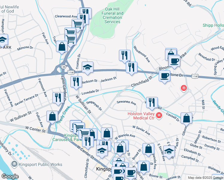 map of restaurants, bars, coffee shops, grocery stores, and more near 570 Lovedale Drive in Kingsport