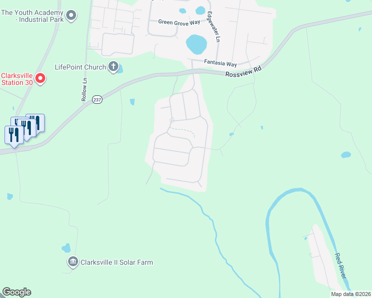map of restaurants, bars, coffee shops, grocery stores, and more near 212 Hutchins Camp Trce in Clarksville