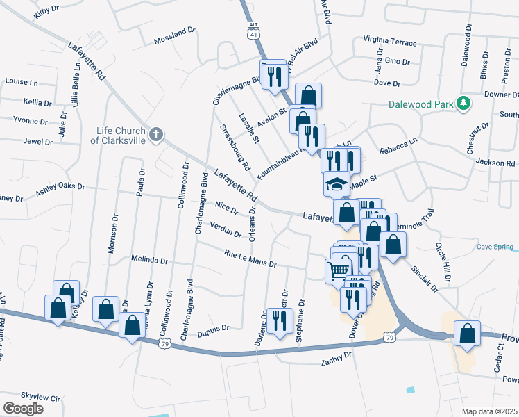 map of restaurants, bars, coffee shops, grocery stores, and more near 200 Orleans Drive in Clarksville