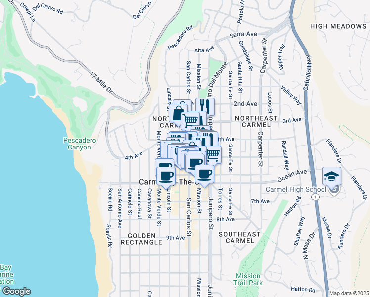 map of restaurants, bars, coffee shops, grocery stores, and more near San Carlos Street in Carmel-by-the-Sea