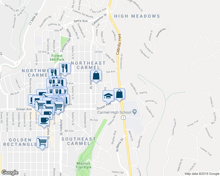 map of restaurants, bars, coffee shops, grocery stores, and more near 25180 Hatton Road in Carmel-by-the-Sea