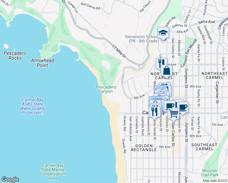 map of restaurants, bars, coffee shops, grocery stores, and more near 2 Carmel Way in Carmel-by-the-Sea