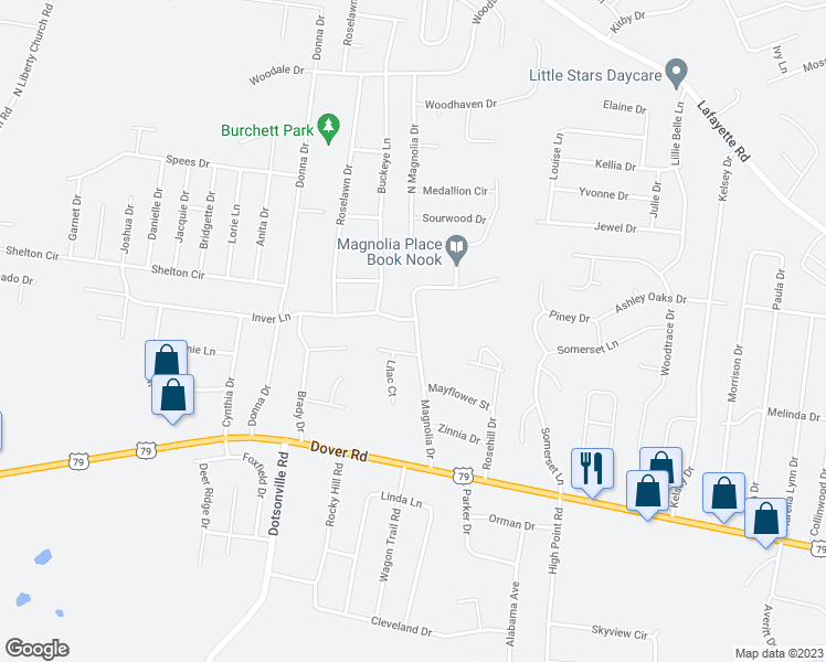 map of restaurants, bars, coffee shops, grocery stores, and more near 521 Magnolia Drive in Clarksville