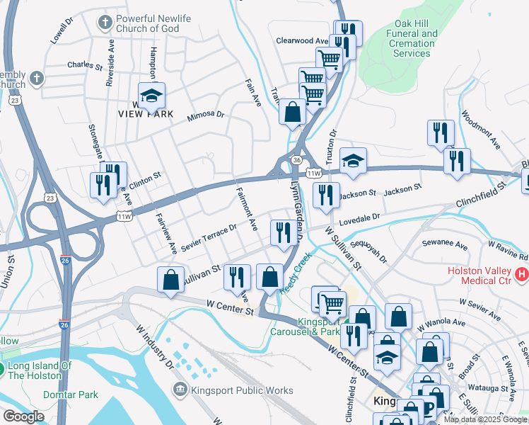 map of restaurants, bars, coffee shops, grocery stores, and more near 607 Fairmont Avenue in Kingsport
