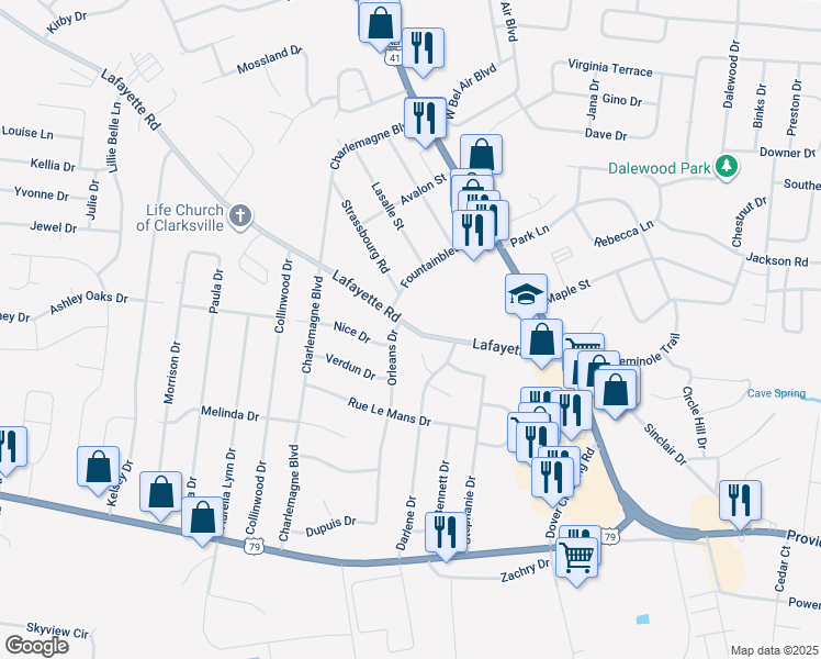 map of restaurants, bars, coffee shops, grocery stores, and more near 200 Orleans Drive in Clarksville