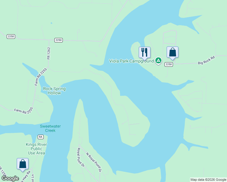 map of restaurants, bars, coffee shops, grocery stores, and more near Farm Road 1262 in Shell Knob