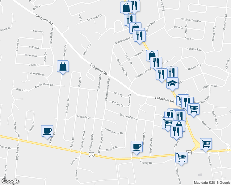 map of restaurants, bars, coffee shops, grocery stores, and more near 312 Nice Drive in Clarksville