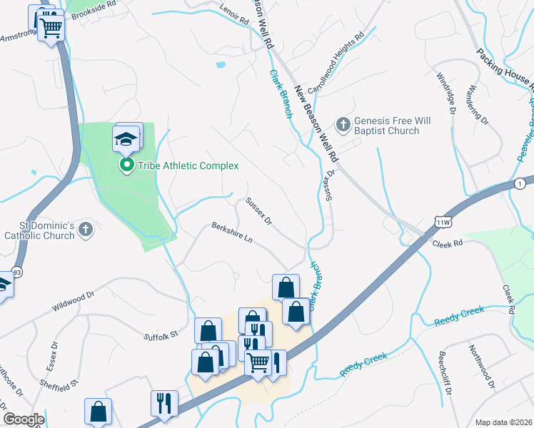 map of restaurants, bars, coffee shops, grocery stores, and more near 1032 Sussex Drive in Kingsport