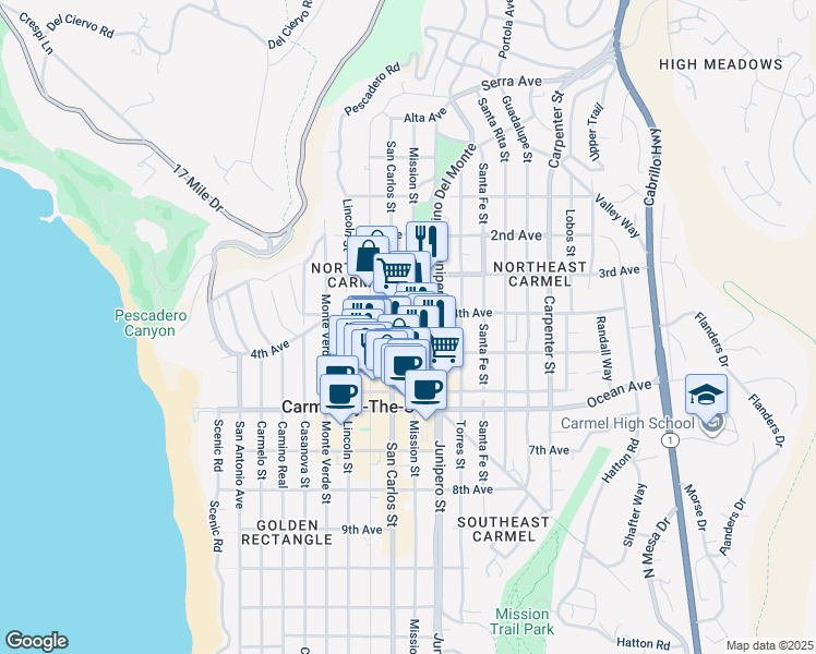 map of restaurants, bars, coffee shops, grocery stores, and more near 10 Mission Street in Carmel-by-the-Sea