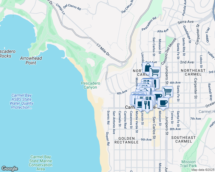 map of restaurants, bars, coffee shops, grocery stores, and more near North San Antonio Avenue in Carmel-by-the-Sea