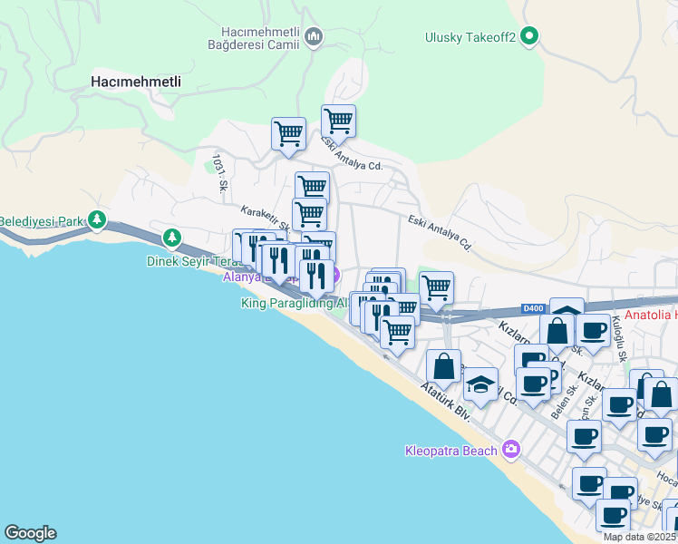 map of restaurants, bars, coffee shops, grocery stores, and more near 209 Asri Mezarlık Caddesi in Alanya