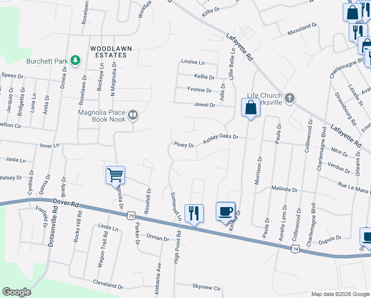 map of restaurants, bars, coffee shops, grocery stores, and more near 441 Piney Drive in Clarksville