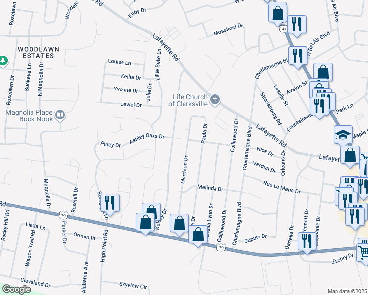 map of restaurants, bars, coffee shops, grocery stores, and more near 542 Morrison Drive in Clarksville