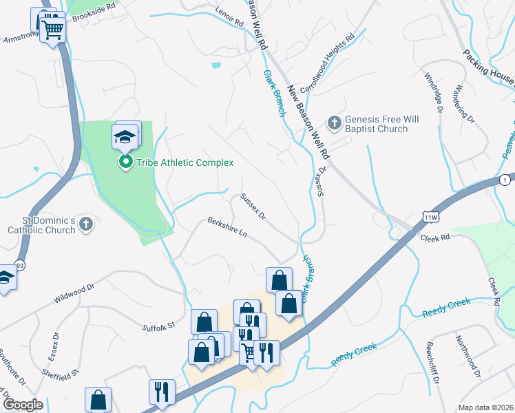map of restaurants, bars, coffee shops, grocery stores, and more near 1032 Sussex Drive in Kingsport
