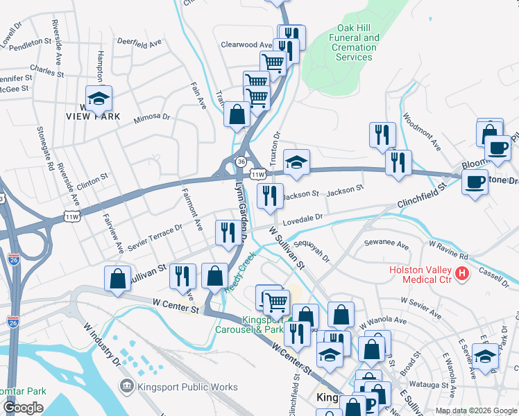 map of restaurants, bars, coffee shops, grocery stores, and more near 517 Lynn Garden Drive in Kingsport