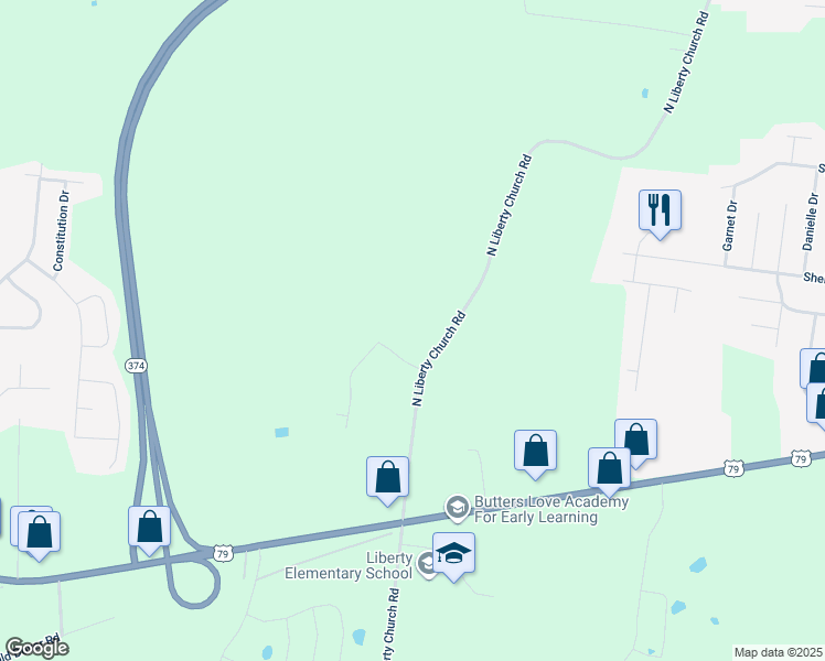 map of restaurants, bars, coffee shops, grocery stores, and more near 1025 North Liberty Church Road in Clarksville