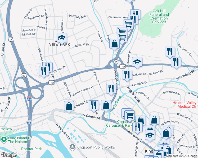 map of restaurants, bars, coffee shops, grocery stores, and more near 607 Fairmont Avenue in Kingsport