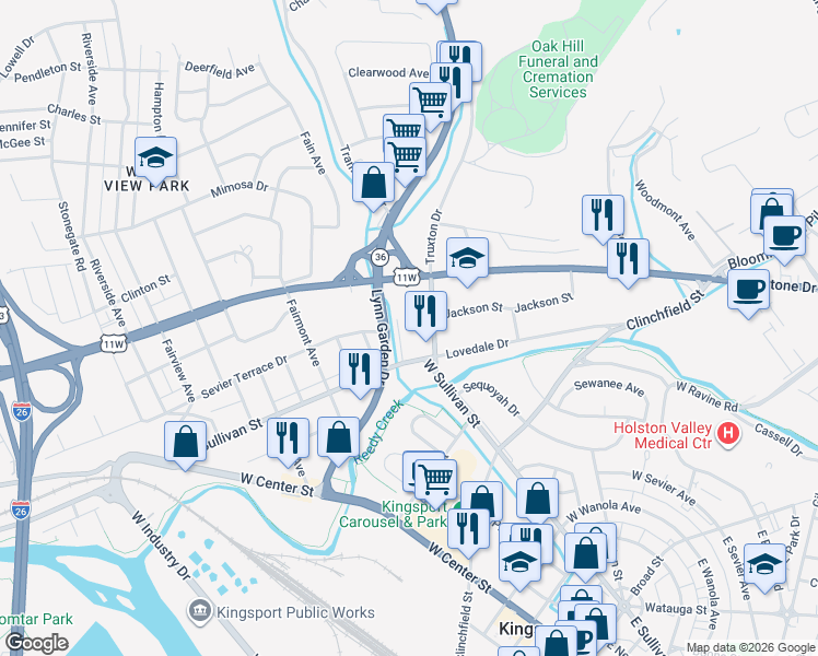 map of restaurants, bars, coffee shops, grocery stores, and more near 517 Lynn Garden Drive in Kingsport