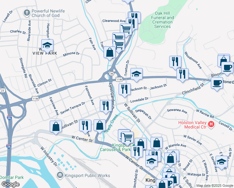 map of restaurants, bars, coffee shops, grocery stores, and more near 517 Lynn Garden Drive in Kingsport