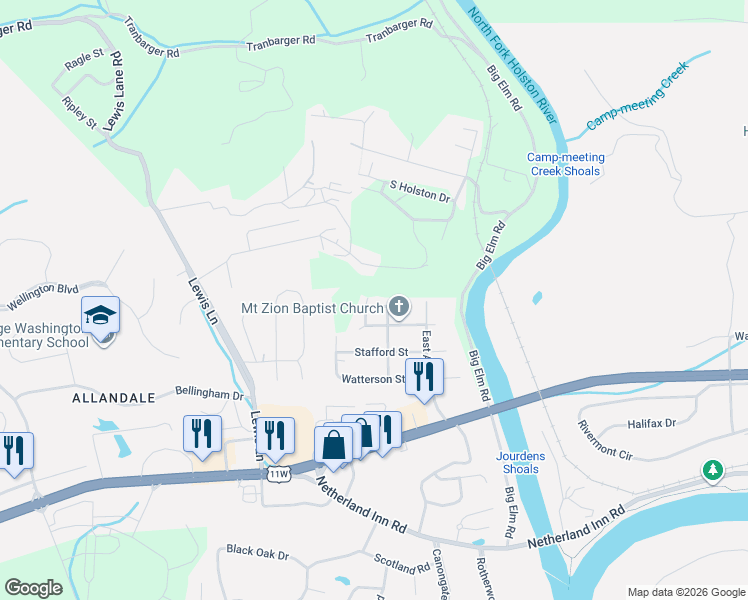 map of restaurants, bars, coffee shops, grocery stores, and more near 3501 Mellon Street in Kingsport