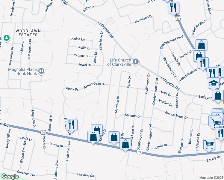 map of restaurants, bars, coffee shops, grocery stores, and more near 542 Morrison Drive in Clarksville