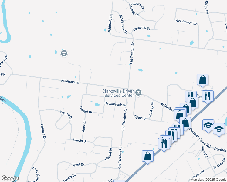 map of restaurants, bars, coffee shops, grocery stores, and more near 320 Peterson Lane in Clarksville