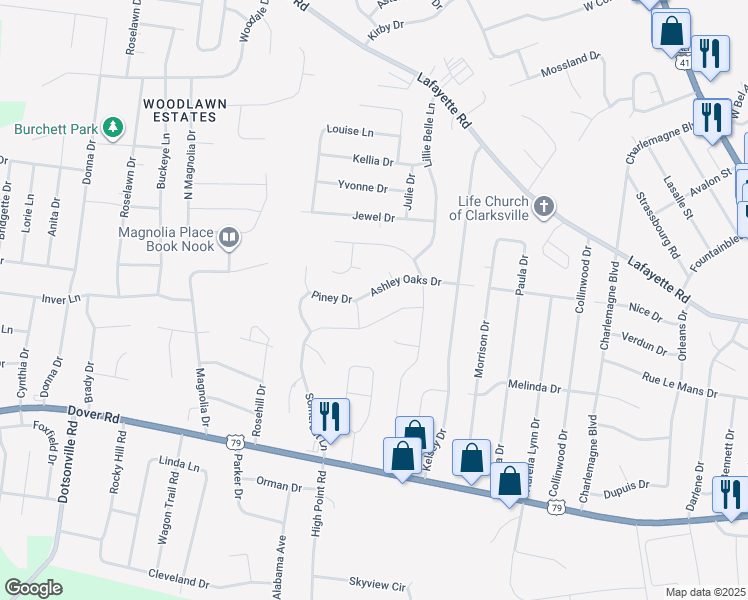 map of restaurants, bars, coffee shops, grocery stores, and more near 640 Ashley Oaks Drive in Clarksville