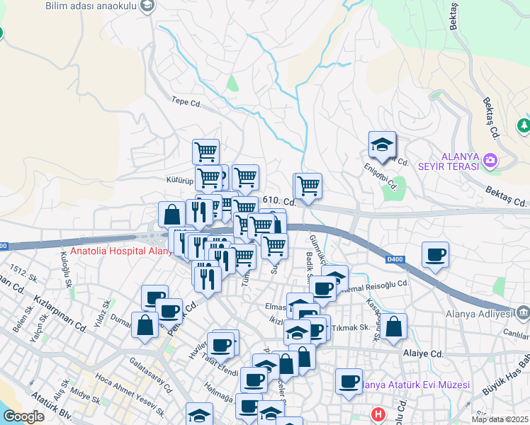map of restaurants, bars, coffee shops, grocery stores, and more near No:95 Sugözü Caddesi in Alanya