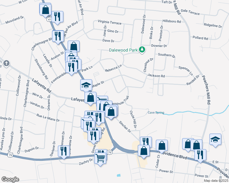 map of restaurants, bars, coffee shops, grocery stores, and more near 18 Chestnut Drive in Clarksville