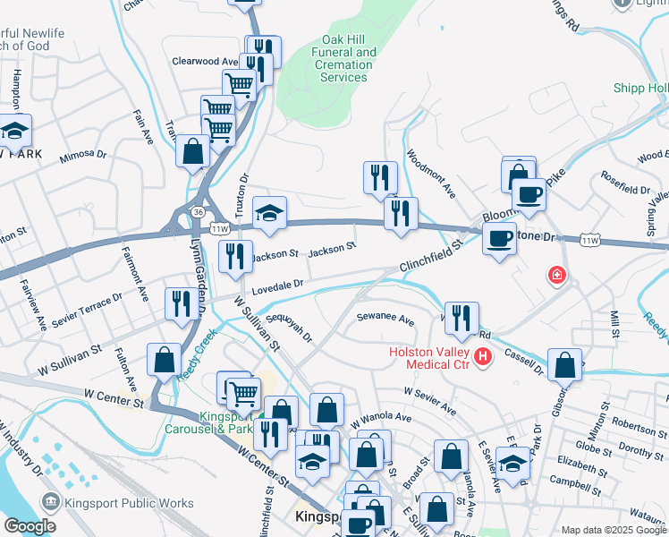 map of restaurants, bars, coffee shops, grocery stores, and more near 570 Lovedale Drive in Kingsport