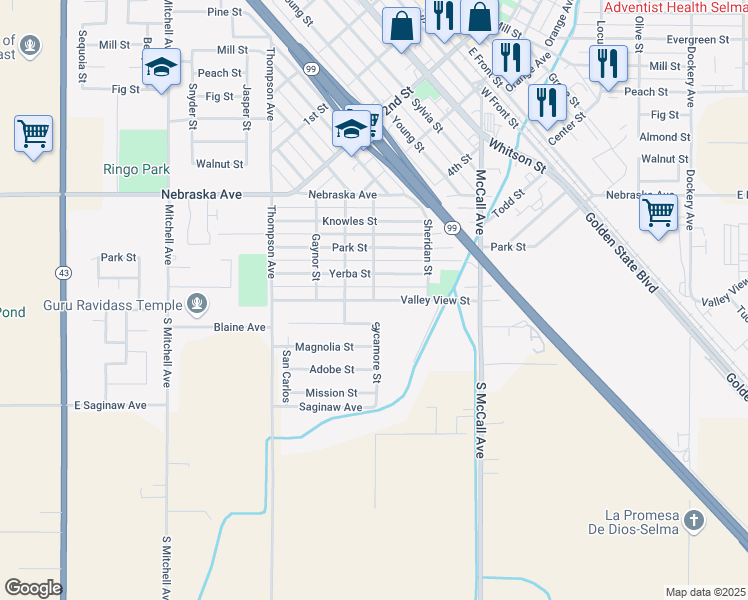 map of restaurants, bars, coffee shops, grocery stores, and more near 1602 Skelton Street in Selma