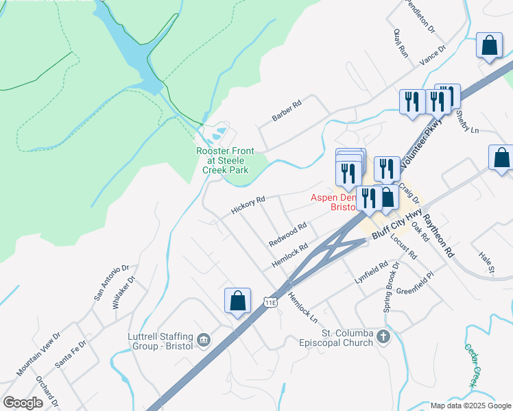 map of restaurants, bars, coffee shops, grocery stores, and more near 301 Hickory Road in Bristol