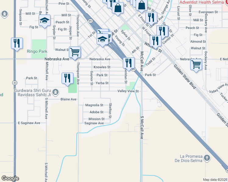 map of restaurants, bars, coffee shops, grocery stores, and more near Valley View Street in Selma