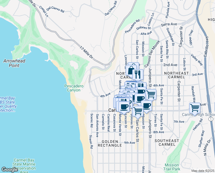 map of restaurants, bars, coffee shops, grocery stores, and more near in Carmel-by-the-Sea