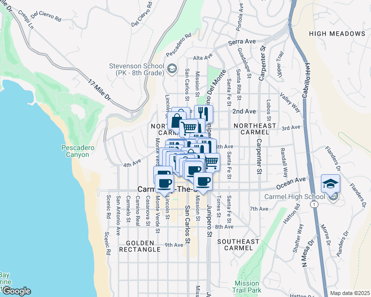 map of restaurants, bars, coffee shops, grocery stores, and more near in Carmel-by-the-Sea