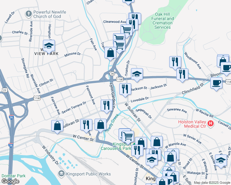 map of restaurants, bars, coffee shops, grocery stores, and more near 517 Lynn Garden Dr in Kingsport