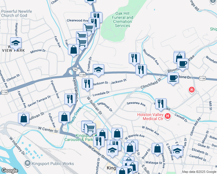 map of restaurants, bars, coffee shops, grocery stores, and more near 612 Jackson Place in Kingsport
