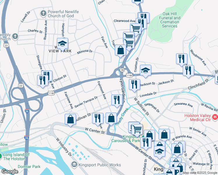 map of restaurants, bars, coffee shops, grocery stores, and more near 607 Fairmont Avenue in Kingsport