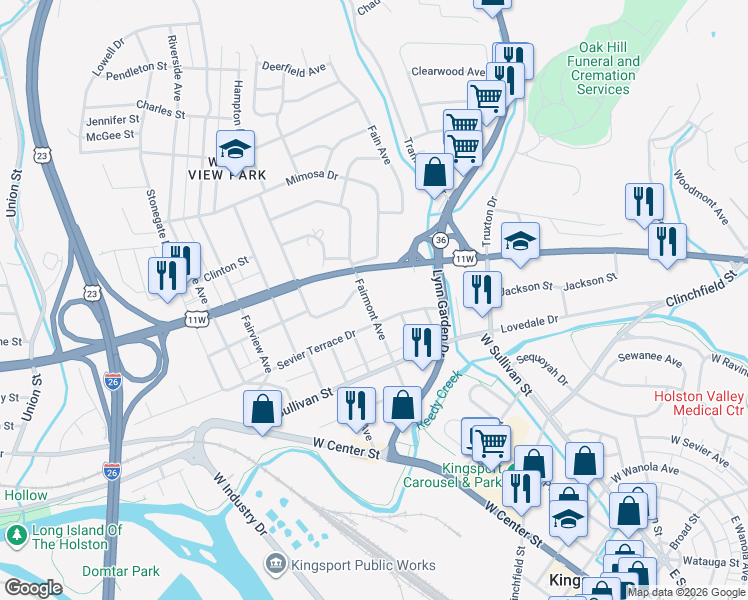 map of restaurants, bars, coffee shops, grocery stores, and more near 607 Fairmont Avenue in Kingsport