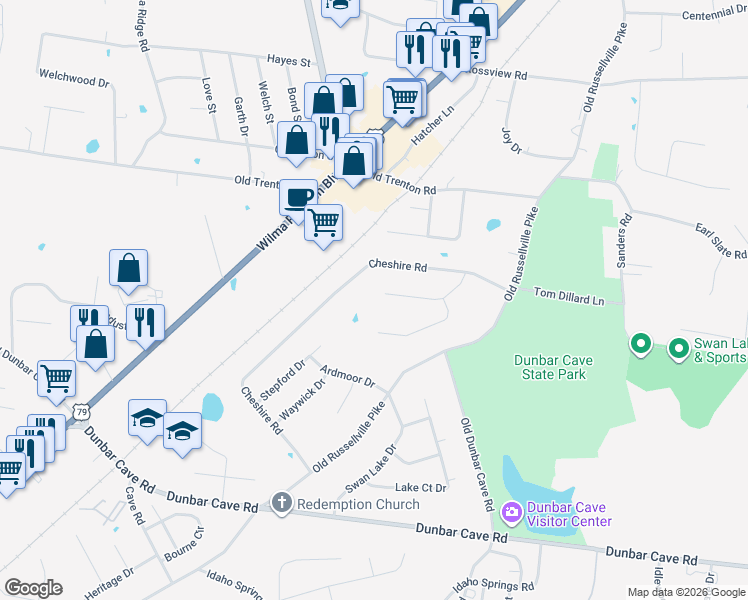 map of restaurants, bars, coffee shops, grocery stores, and more near 210 Trey Court in Clarksville