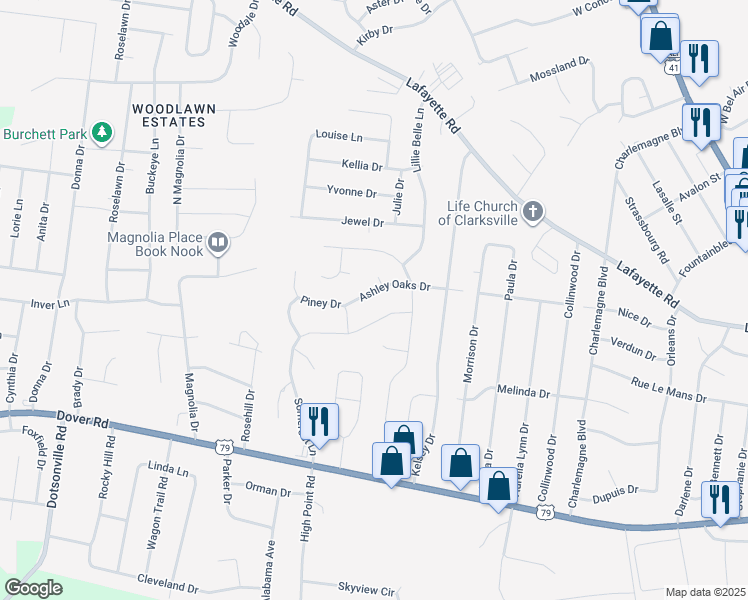 map of restaurants, bars, coffee shops, grocery stores, and more near 640 Ashley Oaks Drive in Clarksville